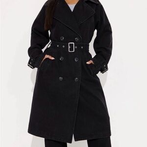 Fashion Nova Black Double-Breasted Trench with Belted Waist